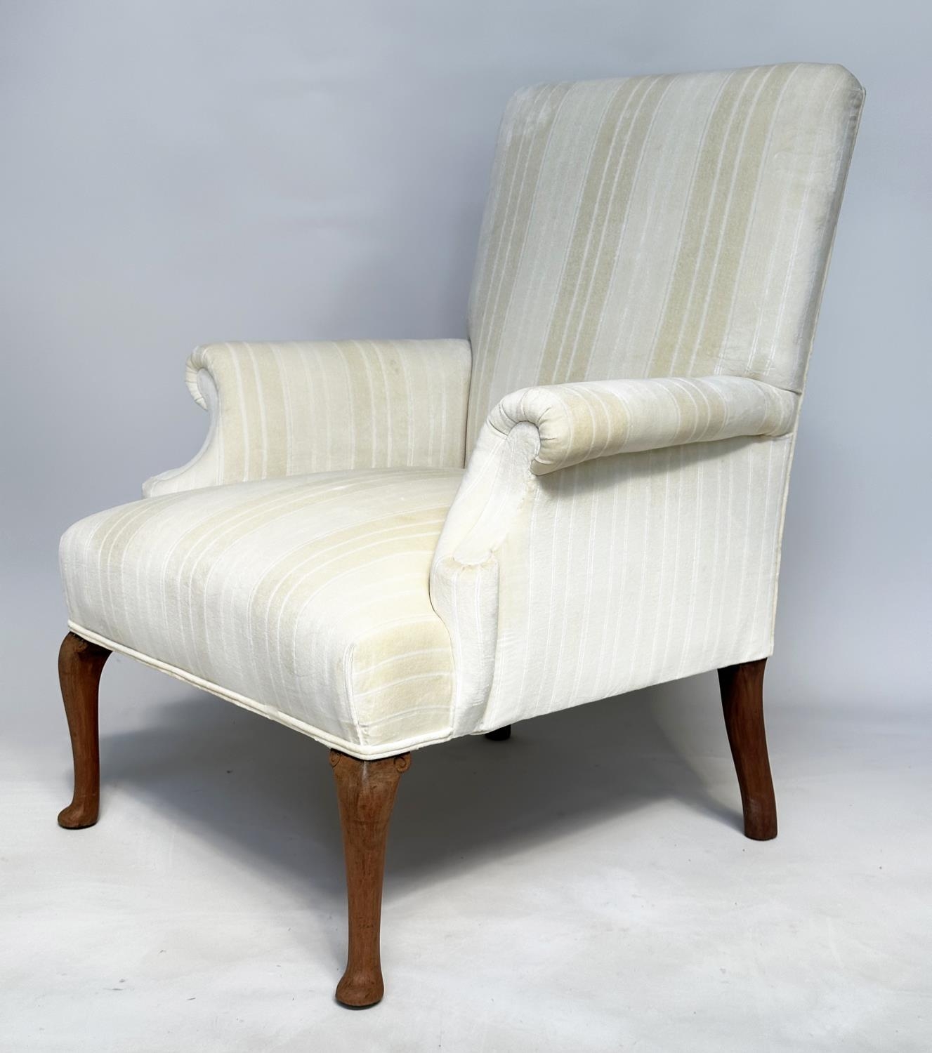 SCROLL ARMCHAIR, Edwardian style recently reupholstered, in neutral woven strip cotton with shaped