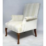 SCROLL ARMCHAIR, Edwardian style recently reupholstered, in neutral woven strip cotton with shaped