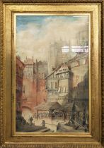 19TH CENTURY CONTINENTAL SCHOOL, 'Cathedral view', watercolour, 131cm x 76cm, framed.
