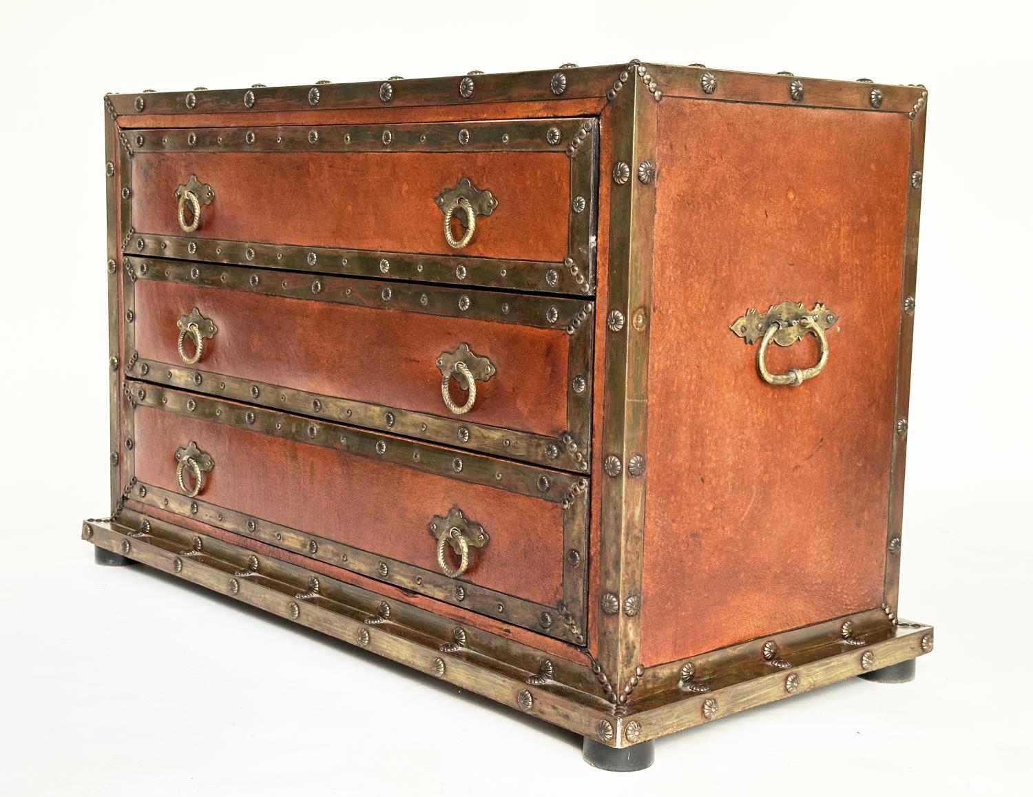 SPANISH STYLE CHEST, vintage leather and brass bound with three drawers and carrying handles, 95cm W - Image 13 of 16