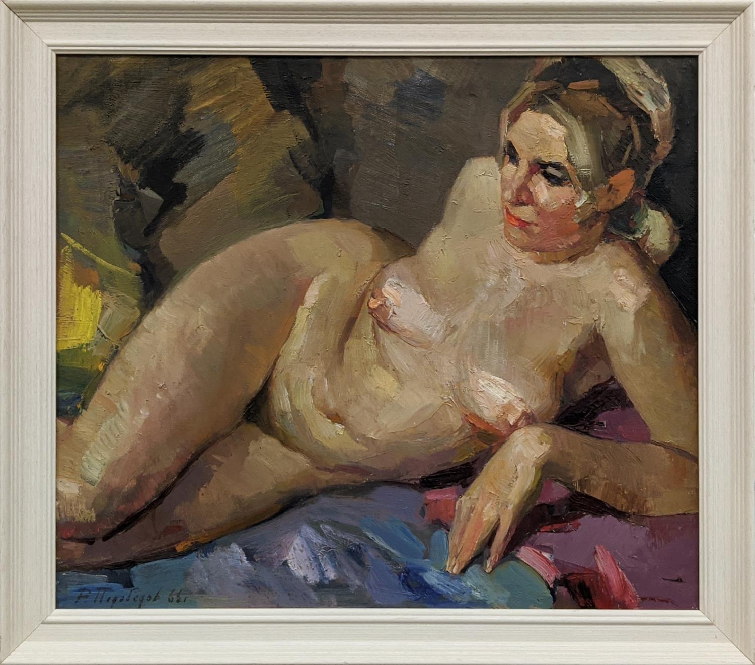 ROMAN PODOBEDOV (1920-2003), 'Model in the artist studio' 1966, oil on canvas, 60cm x 70cm.