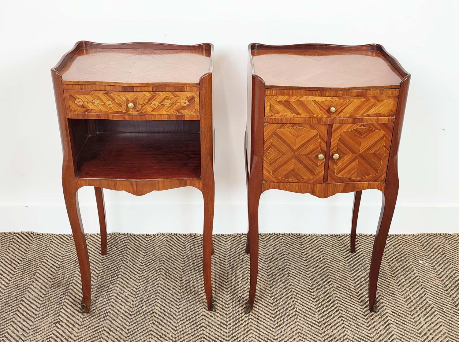 BEDSIDE CABINETS, a matched pair, Louis XV style tulipwood and inlaid, one with marquetry and