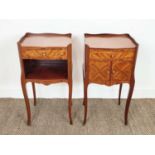 BEDSIDE CABINETS, a matched pair, Louis XV style tulipwood and inlaid, one with marquetry and