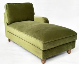CHAISE LONGUE, moss green velvet upholstered, 93cm H x 157cm W x 84cm D.