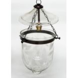 BELL JAR HALL LANTERNS, a pair, etched glass bowls and bronze style mounts, 20cm W x 38cm H. (2)