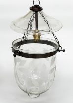 BELL JAR HALL LANTERNS, a pair, etched glass bowls and bronze style mounts, 20cm W x 38cm H. (2)