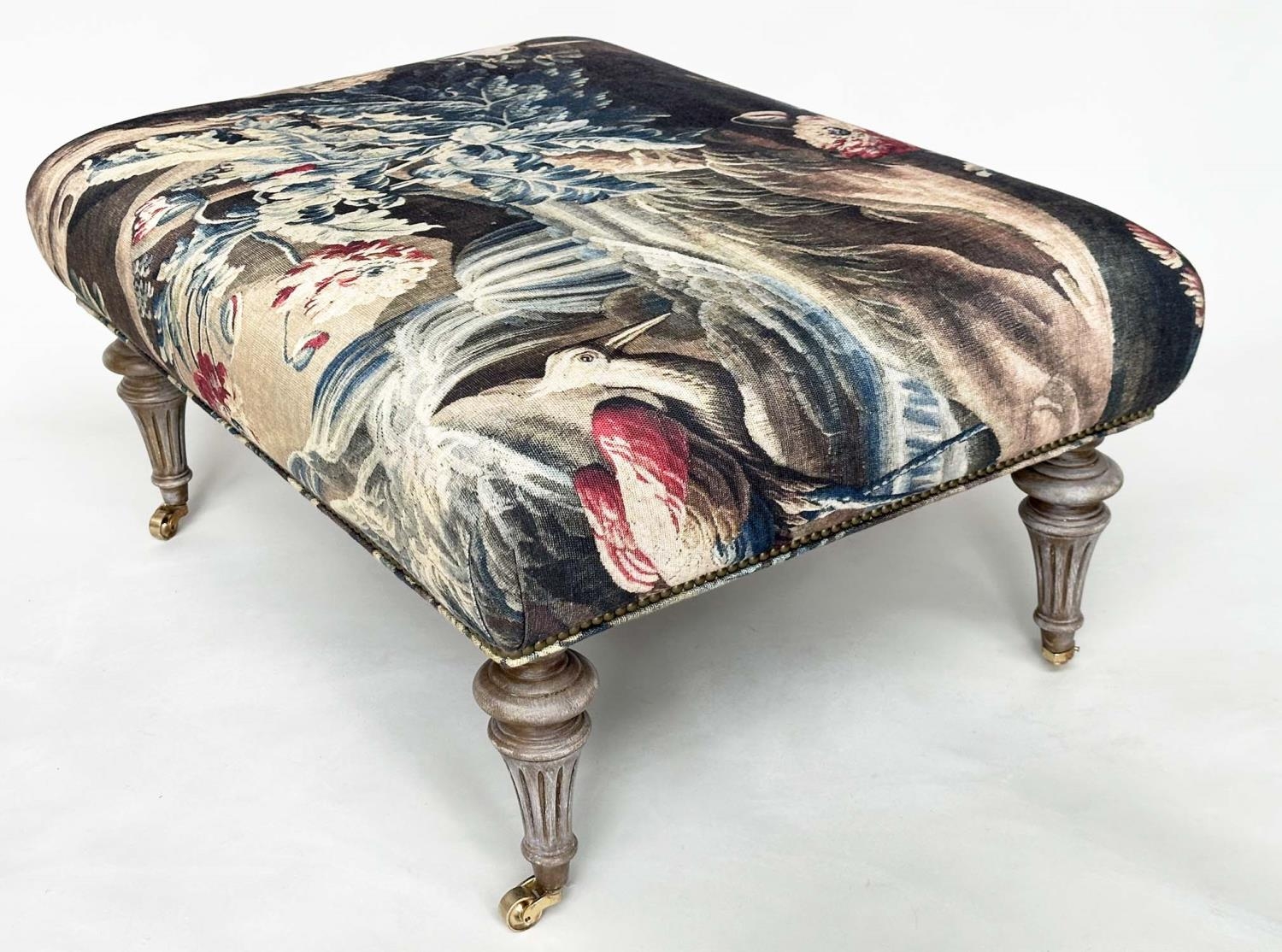 HEARTH STOOL, rectangular tapestry style linen raised upon turned tapering bleached oak supports, - Image 11 of 14