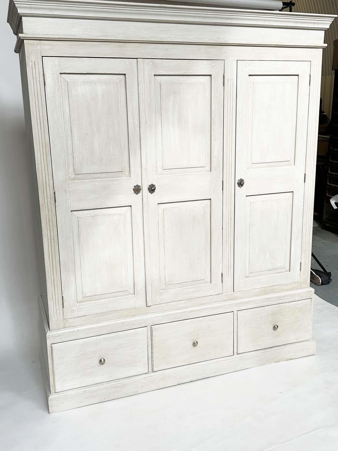 ARMOIRE, French style traditionally grey painted with three panelled doors, enclosing hanging above. - Image 10 of 11