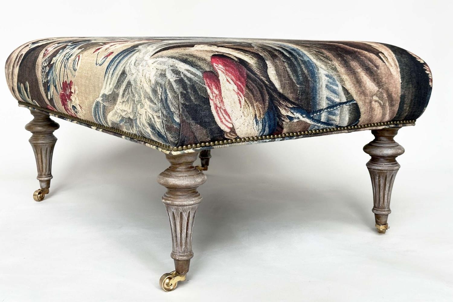 HEARTH STOOL, rectangular tapestry style linen raised upon turned tapering bleached oak supports, - Image 10 of 14