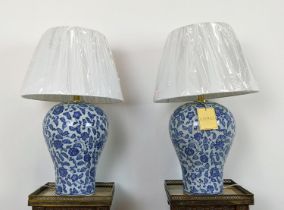 LAUREN RALPH LAUREN HOME TABLE LAMPS, a pair, blue and white glazed ceramic, with shades 69cm H