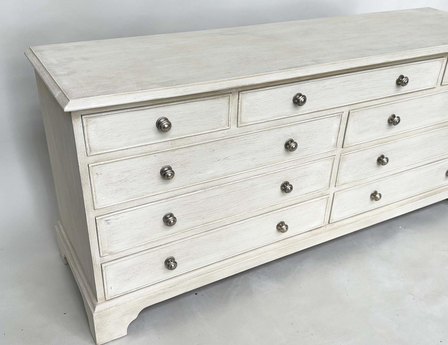 LOW CHEST, Georgian style grey painted with nine drawers and bracket supports, 152cm x 43cm x 67cm - Image 7 of 7