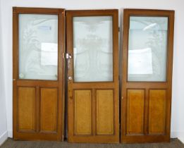 DOOR PANELS, a set of three late 19th century Dutch, grain painted with Art Nouveau etched glass,