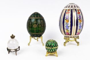 RUSSIAN STYLE EGGS, four comprising a green hand cut glass, St Petersburg Russian egg with gilt