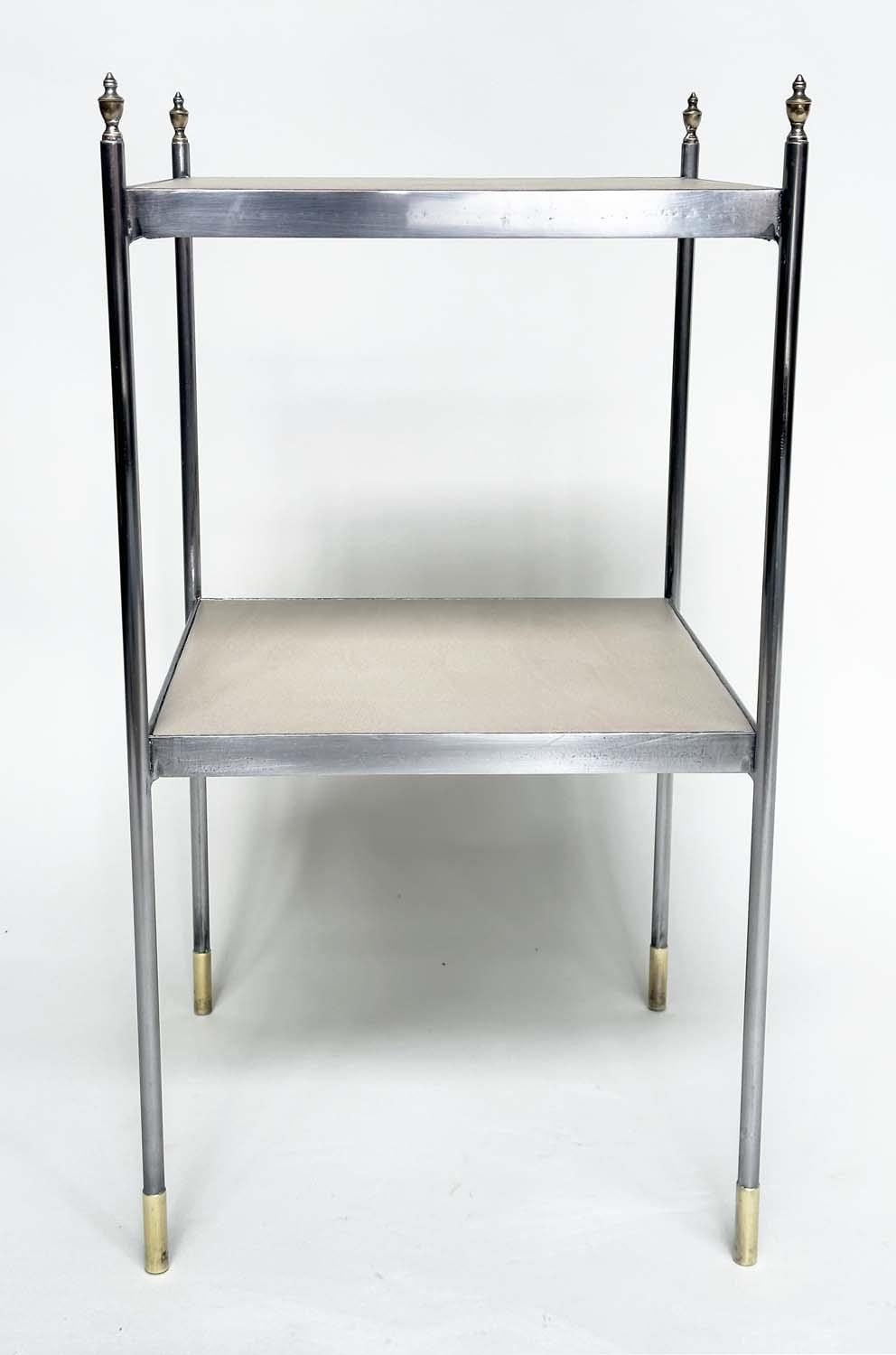 LAMP TABLES, a pair, early 20th century polished steel square two tiered each with neutral grained - Image 4 of 8