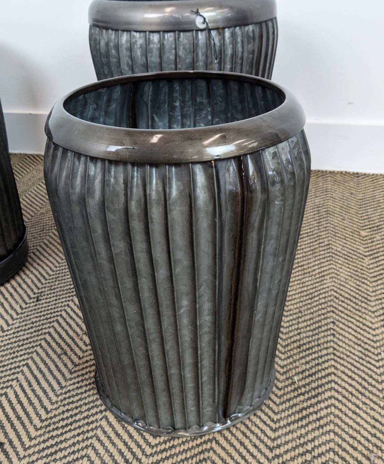 PLANTERS, two graduated sets of three, metal, 57cm x 34cm x 36cm at largest. (6) - Image 3 of 6
