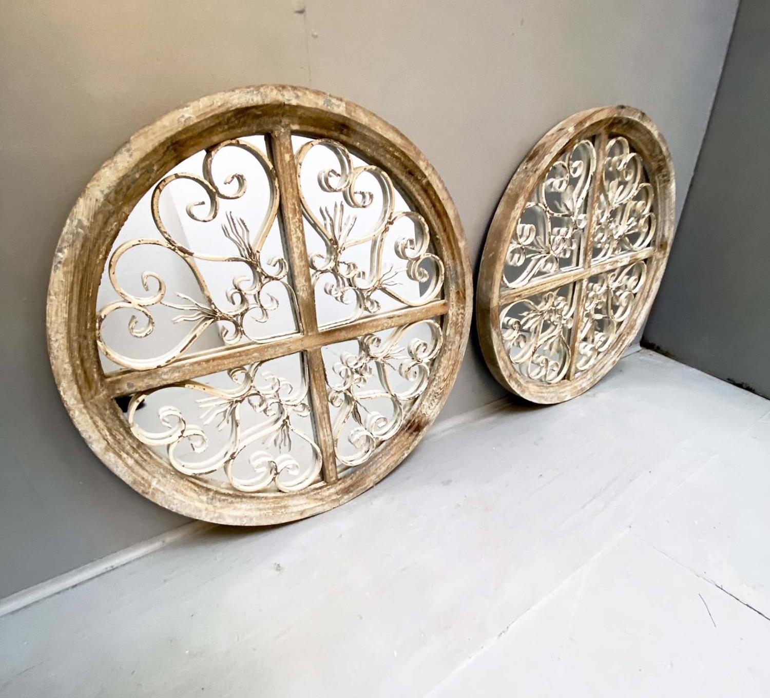 ARCHITECTURAL WALL MIRRORS, a pair, circular, distressed painted frames, 72cm diam. (2) - Image 3 of 5