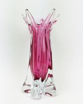 A MURANO STYLE RUBY GLASS VASE, late 20th century, hand blown, with a flared top, lobed body, 30cm