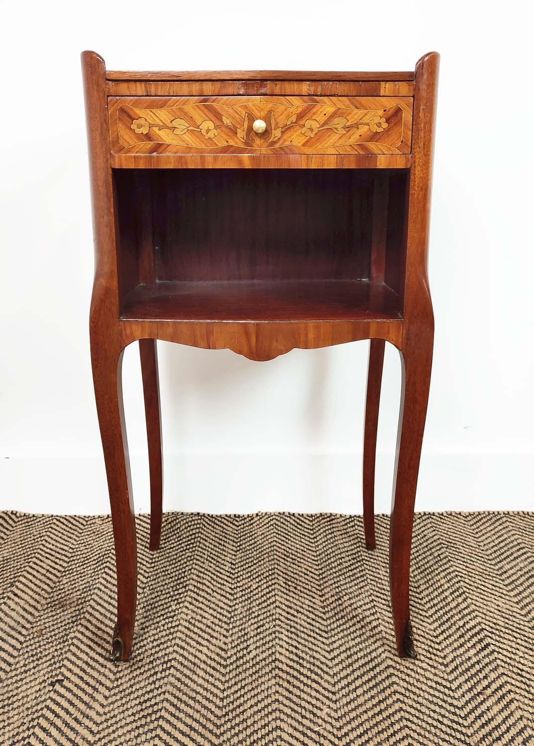 BEDSIDE CABINETS, a matched pair, Louis XV style tulipwood and inlaid, one with marquetry and - Image 6 of 10