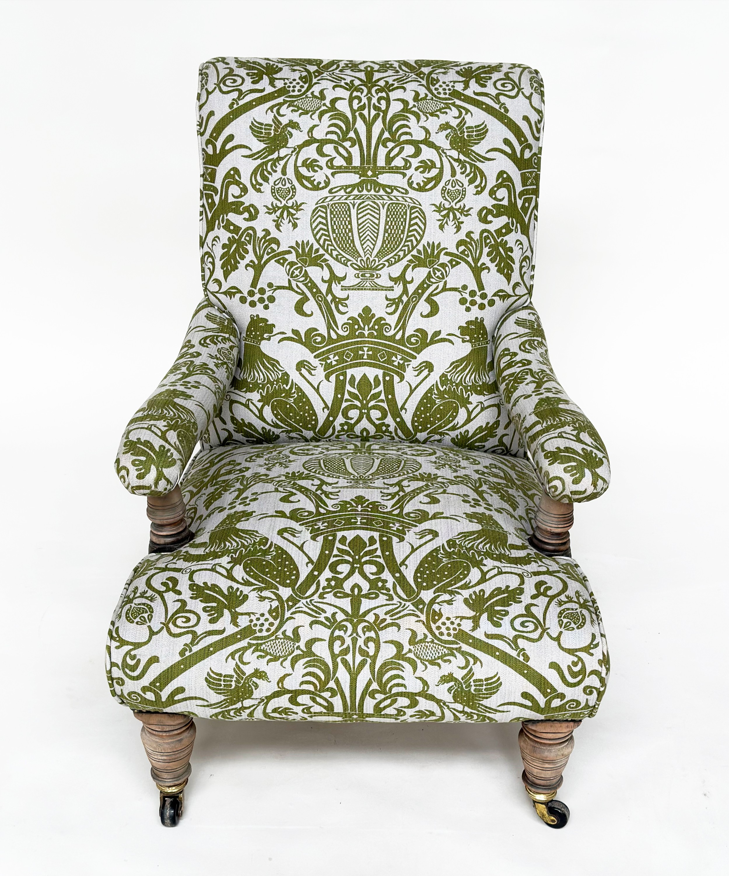 LIBRARY ARMCHAIR, Howard style late 19th century walnut, in the manner of Shoolbred with heraldic - Image 5 of 7