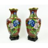 CLOISONNE VASES, a pair, 20th century Chinese with red ground and floral butterfly decoration on