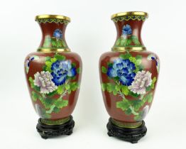CLOISONNE VASES, a pair, 20th century Chinese with red ground and floral butterfly decoration on