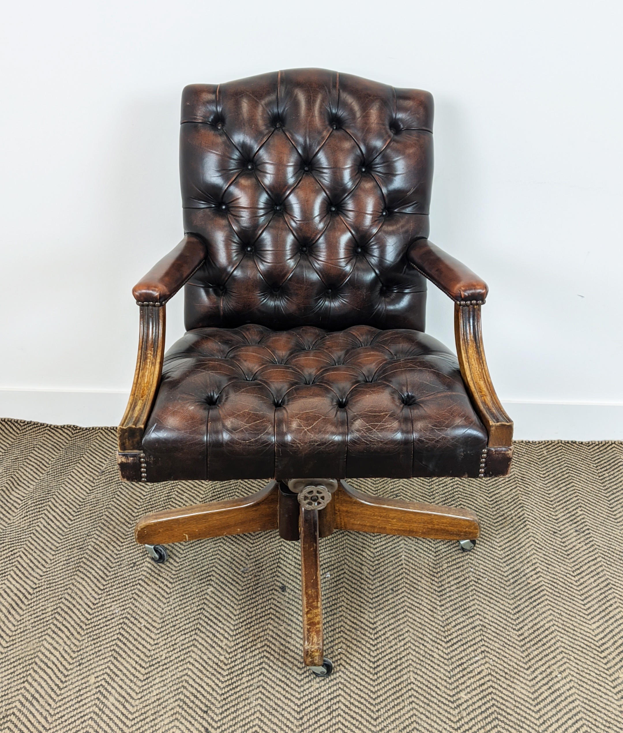 CAPTAINS DESK CHAIR, 'Hillcrest', buttoned brown leather on swivel base, mahogany frame, 96cm H x - Image 8 of 12