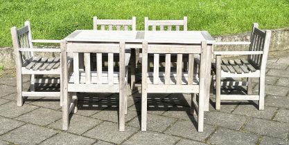 GARDEN TABLE AND CHAIRS, silvery weather slatted teak rectangular, 75cm H x 155cm W 70cm D, with six