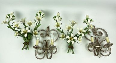 WALL LIGHTS, two pairs, one mid-century Italian toleware flower bouquets, the other twin branch