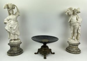 ALABASTER FIGURES, a pair, 19th century on grey marble bases, with black marble and bronze tazza and