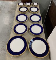 WEDGWOOD BLUE PART DINNER SERVICE T GOODE AND CO LTD, cobalt blue banded with gold patterned trim,