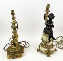 LAMPS, two neo-classical style bronze and gilt bronze putti, with silk shades. (2)