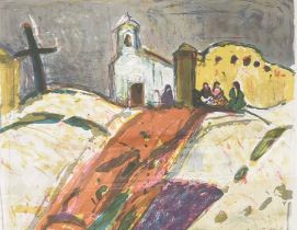 HANS FALK (1918-2002), 'Landscape with Village and Figures' lithograph, 38cm x 48cm, signed,