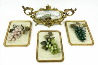 BUNCHED WALL GRAPES, three jade and quartz in rounded edge gilt frames, along with a gilt metal