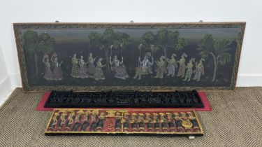 GOUACHE ON PAPER, Indian figurative scene, 59cm x 182cm, an ebony carved panel on red silk, 24cm x