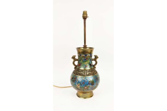 CLOISONNE LAMP, 19th century Chinese baluster form with taotie mask frieze, bird handles and figural - Image 1 of 13