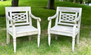 COLONIAL STYLE GARDEN ARMCHAIRS, a pair, nicely weather high grade teak, each with pierced trellis