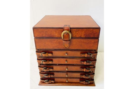 TABLETOP STORAGE CHEST, tan leathered, 35cm H x 23cm x 31cm. - Image 5 of 6