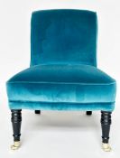 SLIPPER CHAIR, Victorian style with blue velvet upholstery and turned front supports, 60cm W.