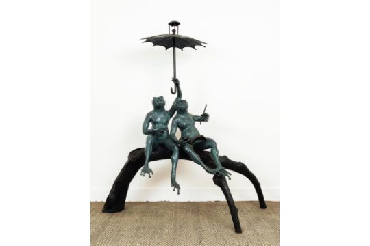 CONTEMPORARY SCHOOL GARDEN SCULPTURE, bronze depicting a pair of seated frogs beneath an umbrella, - Image 3 of 15