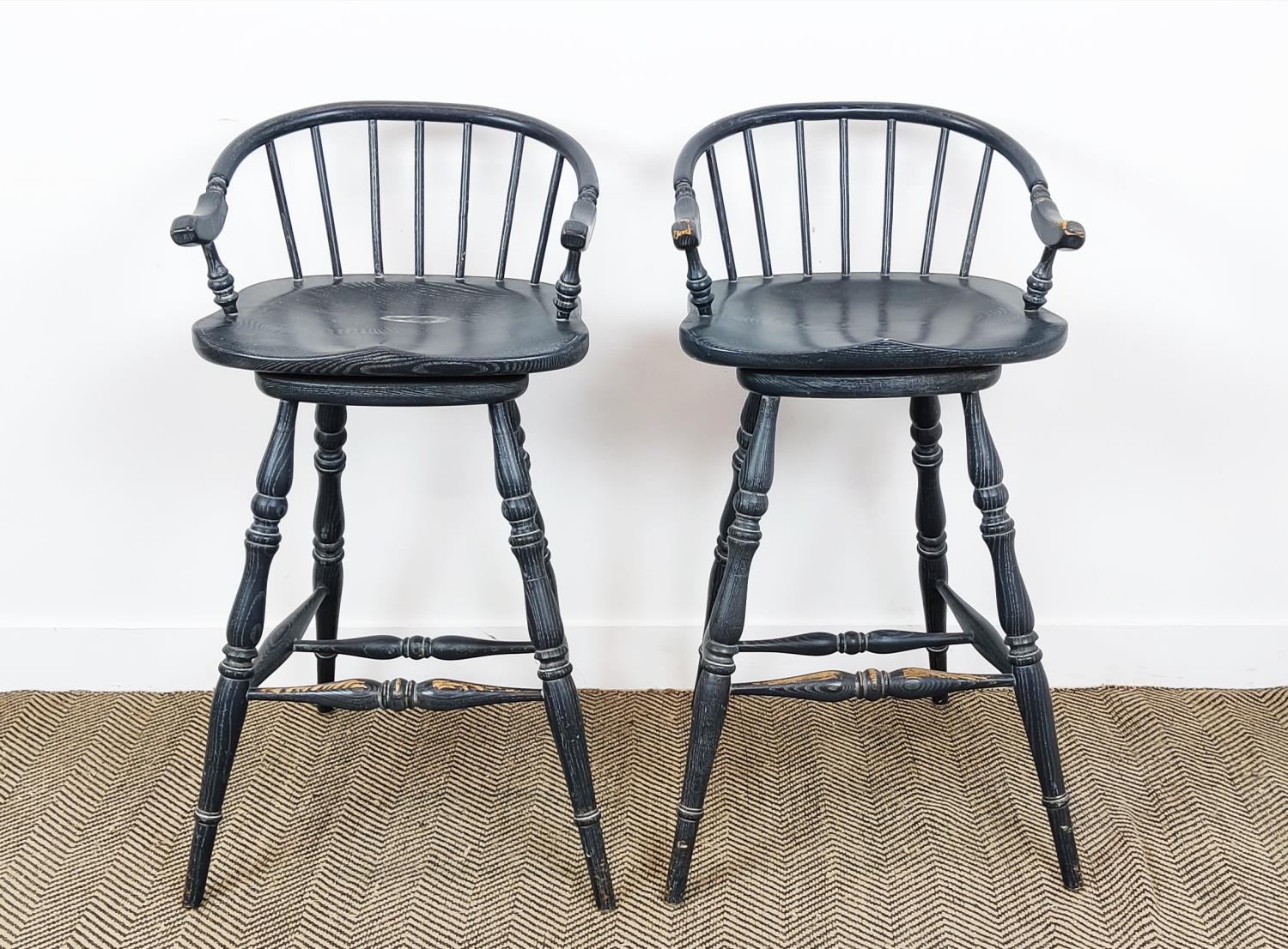 CHALON BAR STOOLS, a pair, swivel action, in a painted finish, each 51cm W x 98cm H.