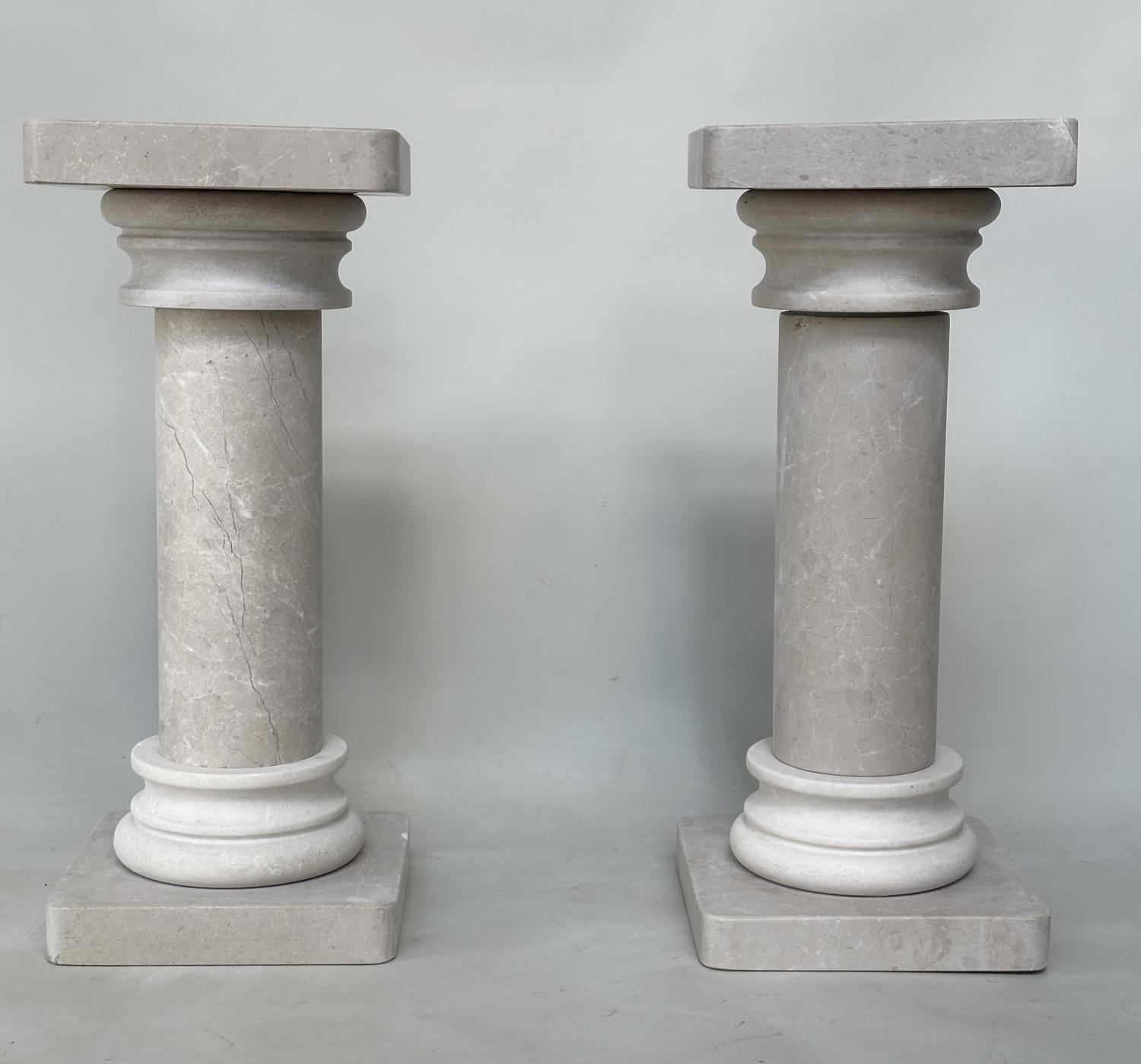 COLUMNS, a pair, Italian travertine, each in three sections, 31cm W x 31cm D x 72cm H. (2) - Image 2 of 8