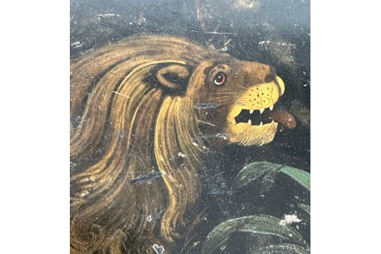 REGENCY TOLEWARE TRAY, gilded and painted rectangular with lion centre landscape on a later ebonised - Image 4 of 5