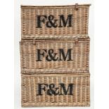 FORTNUM & MASON HAMPER BASKETS, a set of three cane woven with rising lids, 76cm W x 53cm D x 41cm