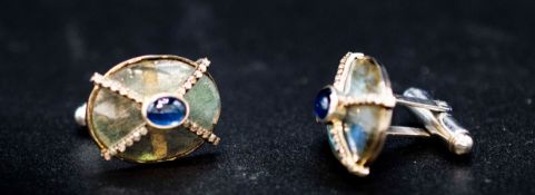 PAIR OF LARGE OVAL CUFFLINKS SET with labradorite, sapphires and diamonds, boxed, oval