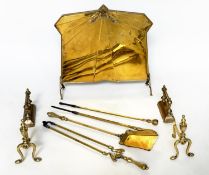 FIRE IRONS, Art Nouveau brass fire irons together with two pairs of 19th century brass fire dogs and