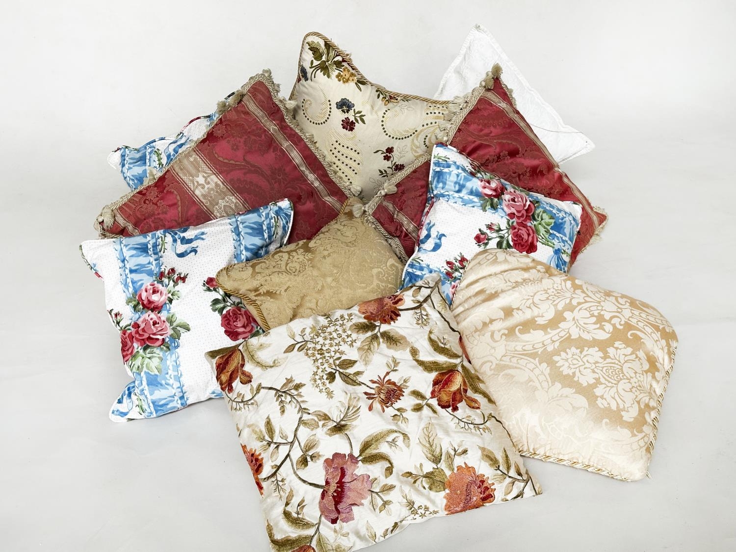 CUSHIONS, a collection of ten, including silk embroidered, Brocade and Country House printed. (10)