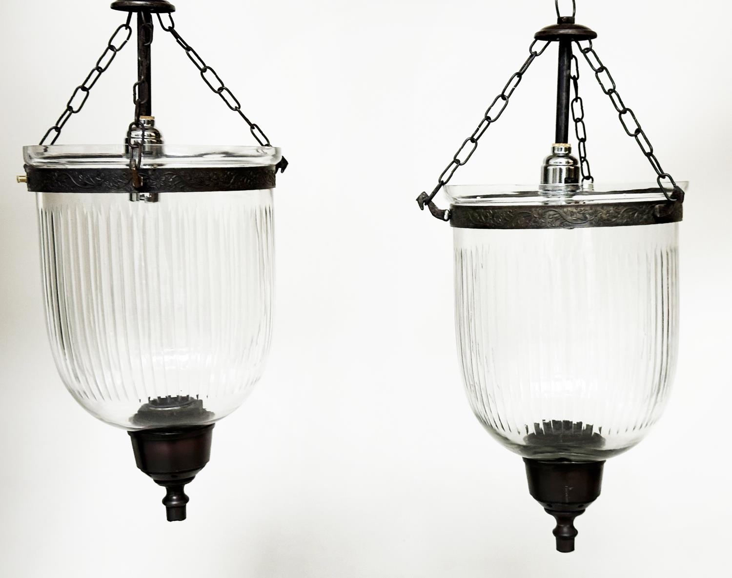 BELL JAR HALL LANTERNS, a pair, reeded bell jar glass with bronze style mounts, approx 64cm H. (2) - Image 3 of 3