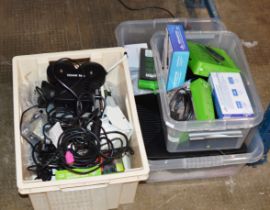 3 BOXES WITH XBOX CONSOLES, VARIOUS ACCESSORIES, COMPUTER ACCESSORIES, ADAPTORS, NOVELTY LIGHT ETC