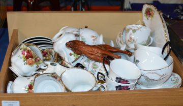 QUANTITY VARIOUS TEA WARE, ROYAL ALBERT ETC & 2 BESWICK DOG ORNAMENTS