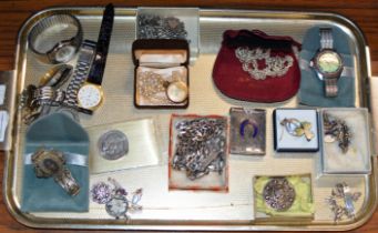 TRAY WITH ASSORTED SILVER JEWELLERY, UNUSUAL SIAM SILVER RAF BRACELET, VARIOUS CHAINS, WRIST WATCHES